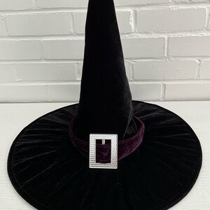 Womens Fancy Pretty Black Velvet Witches Hat With Purple Trim And Rhinestone